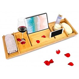 Bamboo Bathtub Caddy Tray with Wine Glass Slot and Book Holder and Smartphone Tablet Expandable Bathroom Trays for Home Spa Experience Primary