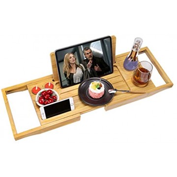 Premium Bamboo Bath Tray Table Expandable Bathtub Tray Rack,Bathtub Caddy Table with Book Wine Phone Holder