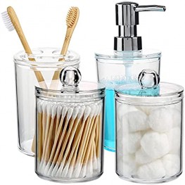 4 Pack Acrylic Clear Plastic Bathroom Accessories Set Soap Dispenser ，2 Apothecary Jars and Toothbrush Holder for Rustic Farmhouse Decor Bathroom Home Decor Clearance,Countertop Vanity Organiz