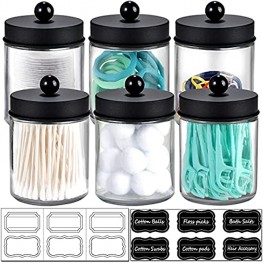 6 Pack Apothecary Jars Bathroom Vanity Organizer- Rustic Farmhouse Decor Storage Canister with Stainless Steel Lids- Qtip Dispenser Holder for Q-Tips,Cotton Swabs,Rounds,Ball,Flossers Black