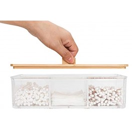Agirlvct Wood Qtip Holder 3 Compartments Cotton Ball Organizer,Cotton Swab Dispenser， Jar for Cotton Rounds,Bathroom Containers,Q-tip Dispenser,Clear Acrylic Desk Organizer for Bedroom