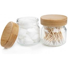 ANOTION Apothecary Jars with Lids Mason Jar Bathroom Accessory Set Farmhouse Decor Glass Rustic Vanity Storage Containers with Bamboo Lids for Cotton Ball Cotton Swab Q-Tips Cotton Rounds 2-Pack