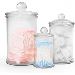Gonioa Set of 3 Clear Glass Apothecary Jars Premium Quality Bathroom Vanity Organizer Apothecary Jars Canister Set for Cotton Swabs Makeup Sponges Bath Salt