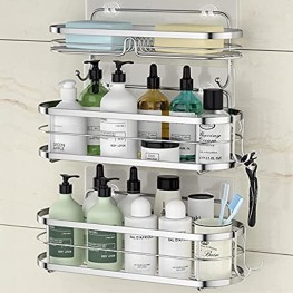 STEUGO Shower Caddy Adhesive Bathroom Shower Caddies No Drilling Shower Shelf Wall Mounted Rustproof SUS304 Stainless Steel Storage Organizers with Soap Dish Holder Shelf 4 Hooks 3 Pack