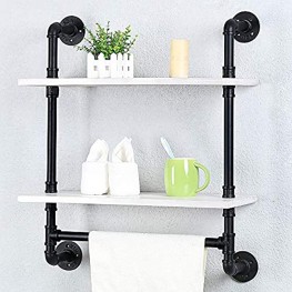 Bathroom Shelves Wall Mounted 2 Tiered,24in Industrial Pipe Shelving,Rustic Wood Shelf with Towel Bar,Farmhouse Towel Rack,Metal Floating Shelves Towel Holder,Iron Distressed Shelf Over Toilet