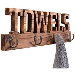 MyGift 4-Hook Rustic Burnt Wood Wall Mounted Bathroom Kitchen Towel Hanging Rack with Cutout Letters for Towels and Robes