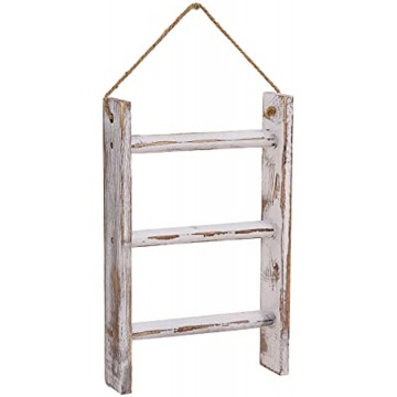 Towel Ladder Rack,Wall Hanging Storage Ladder Shelf with Rope,Rustic Wall Mounted Hand 3 Tiers Towel Rack Holder,Display Decor Towel Rack for Living Room ,Bathroom,Kitchen. Whitewashed