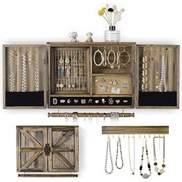 Ikkle Rustic Jewelry Cabinet Organizer Wall Mounted Jewelry holder with Wooden Barn Door with Removable Bracelet Rod for Necklaces Earrings Bracelets Ring Wood Jewelry Box