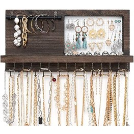 Mkono Rustic Wall Mounted Jewelry Organizer with Bracelet Rod and 30 Hooks Wood Hanging Jewellery Holder for Necklaces Earrings Bracelets Rings Display Shelf for Cabinet,Gift for Women Brown