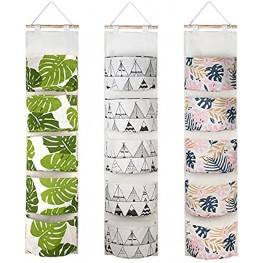 3Pcs Wall Closet Hanging Storage Bag with 5 Pockets YOCOMEY Waterproof Linen Fabric Over The Door Organizer Multifucional Stylish Hanging Storage Pouches for Bedroom Bathroom House Leaf