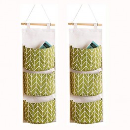 Votono Hanging Storage Bag Wall Mounted 3-Bag Door Organizer Linen Cotton Fabric 2 Pack for Room and Bathroom 2 Pack Green