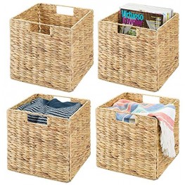mDesign Natural Woven Hyacinth Closet Storage Organizer Basket Bin Collapsible for Cube Furniture Shelving in Closet Bedroom Bathroom Entryway Office 10.5 Inches High 4 Pack Natural Tan