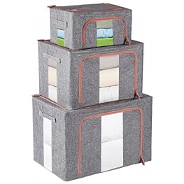 3 Pack 24L+66L+100L Collapsible Storage Boxes Containers-Sturdy Metal Frame Foldable Stackable Linen Oxford Fabric Bins Set for Clothes Bedding- Clear Window with Reinforced Handles & Zipper Gray