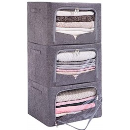 3 Pack Clothes Storage Bins Foldable Metal Frame Storage Box Stackable Linen Fabric Container Organizer Set with Carrying Handles and Clear Window Dark Gray 19.7x15.7x12.6inch66L