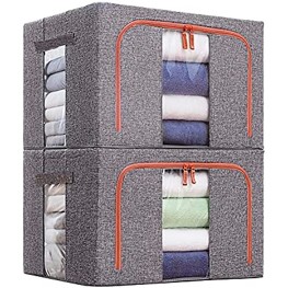 Clothes Storage Bag Organizer,2 Pack Foldable Stackable Storage Box Container,Stainless Steel Structure,Oxford Frame,Clear Window Bedroom Closet Organization for Comforters Blankets,Quilt ,Bedding Grey 66L