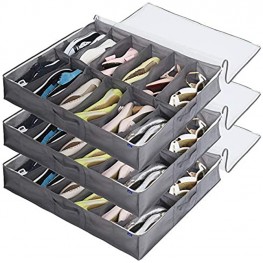 Surblue Under Bed Shoe Organizer Storage Bag with Transparent Skylight and Zippered,12 Pairs,Grey,3 PCS