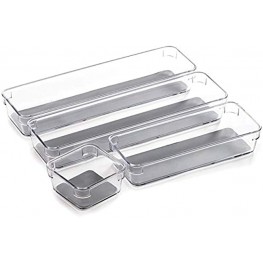 BINO 4-Tray Drawer Organizer Bin Pack Clear Small | Multi-Purpose Storage | Soft-Grip Lining and Non-Slip Rubber Feet | Durable | BPA-Free