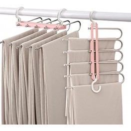 2 Pack Pants Hangers Space Saving 5 Layered Stainless Steel Non-Slip Closet Storage Organizer for Pants Jeans Trousers Skirts and Scarf Pink