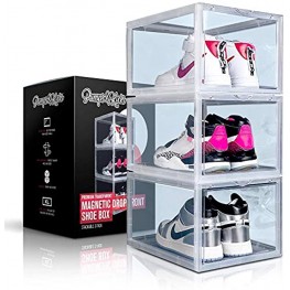 PUMPS&KICKS Shoe Storage Organizer Boxes | 3 Pack | Clear Plastic | Stackable for Closet | Drop Front Opening | Extra Large for High Top sneakers Mens size 14 and Womens High Heels Clear