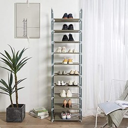 FORUP 10 Tiers Stackable Shoe Rack Adjustable Shoe Storage Organizer Shelf Non-Woven Fabric Shoe Tower Shelf Grey