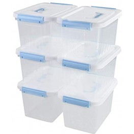 Tyminin Small Plastic Clear Storage Lidded Latch Box Bin with White Lid and Light Blue Handles 6 Packs