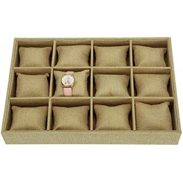 Hedume Burlap Jewelry Display 12 Slot Sackcloth Watch Jewelry Bracelet Tray Linen Watch Large Holder Box Display Case Organizer with 12 Grid Pillow for Men and Women