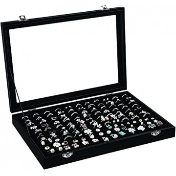 Ring Box 100 Slots Jewelry Ring Storage Display Case Ring Organizer Showcase with Top Glass Lid Velvet Lining Black