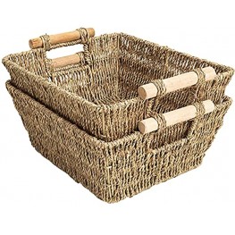 Handmade Woven Wicker Storage Baskets 2-Pack Seagrass Shelf Baskets for Organizing & Sorting Toilet Paper Towel Holder Basket with Wooden Handles Iron frame 11.8 x 10.2 x 4.8