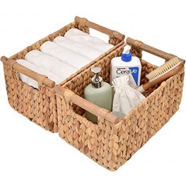 StorageWorks Hand-Woven Storage Baskets with Wooden Handles Water Hyacinth Wicker Baskets for Organizing Medium,13” x 8.3” x 7.1” 2-Pack